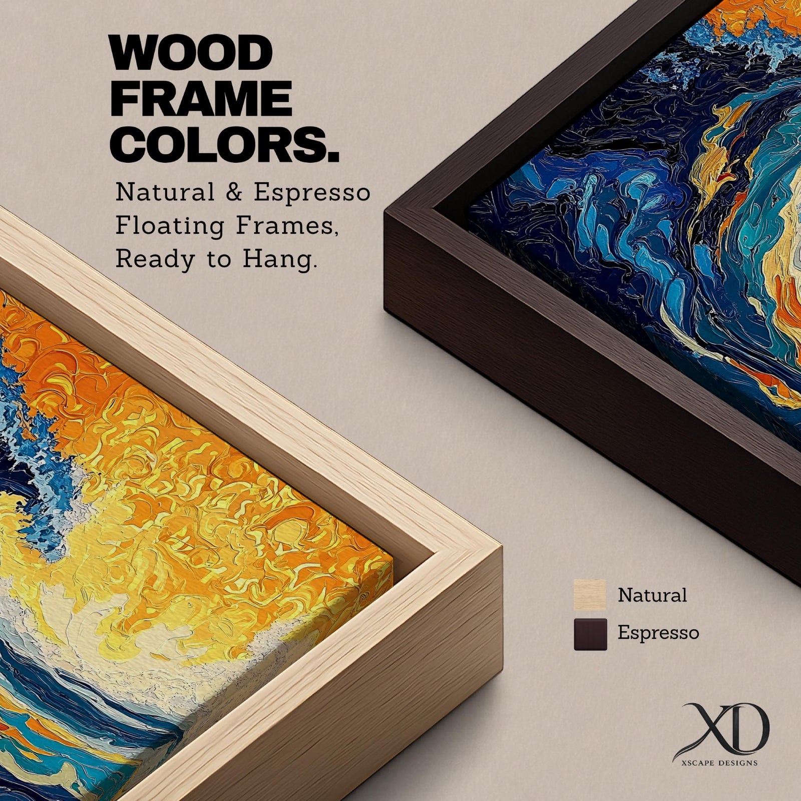 An abstract depiction of a large ocean wave crashing with dynamic swirling patterns in blue and orange hues. The artwork captures the energy and movement of the sea in a textured, painterly style emphasizing fluid shapes and vibrant contrasts, evoking a coastal nature scene.