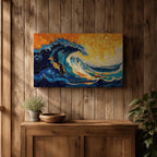 An abstract depiction of a large ocean wave crashing with dynamic swirling patterns in blue and orange hues. The artwork captures the energy and movement of the sea in a textured, painterly style emphasizing fluid shapes and vibrant contrasts, evoking a coastal nature scene.