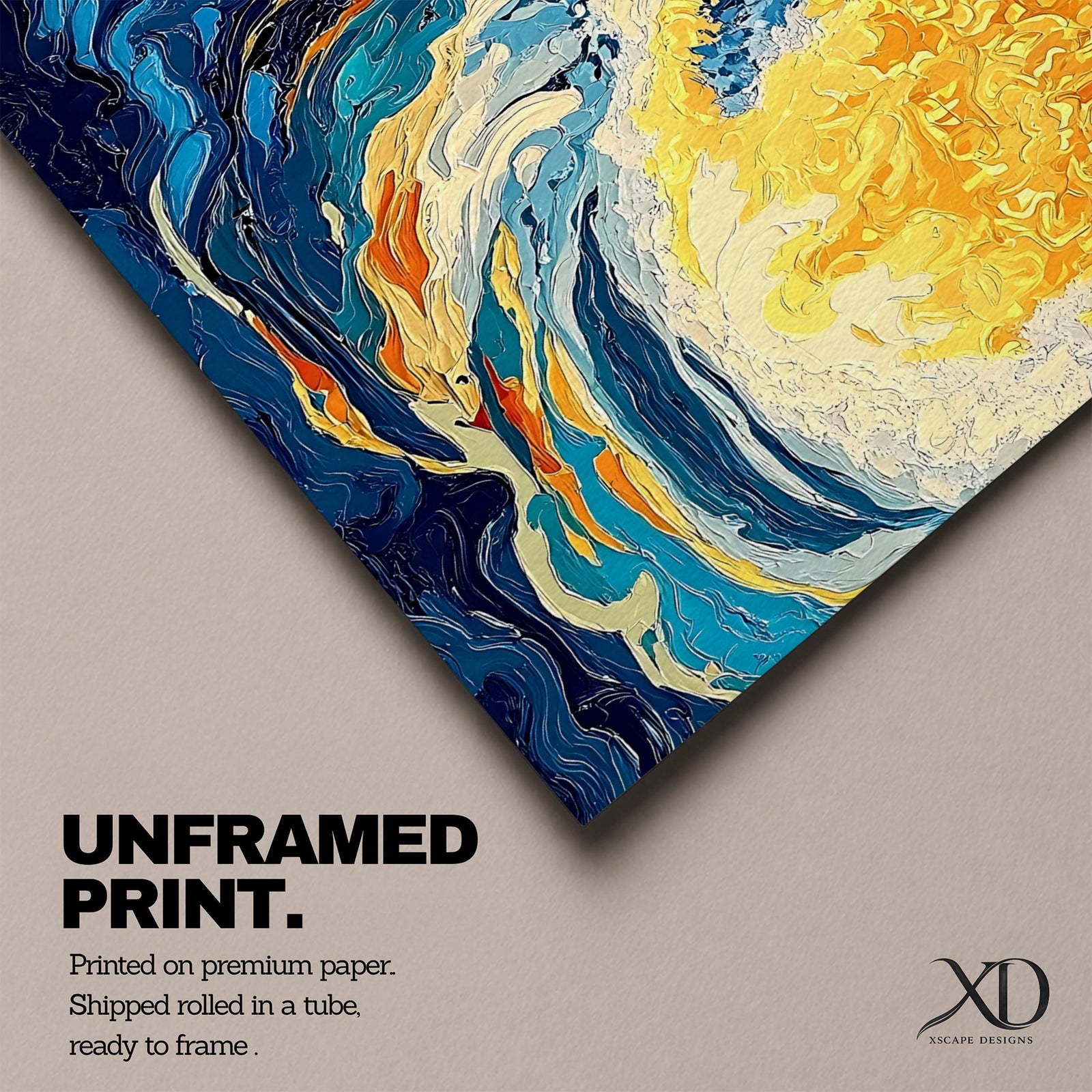 An abstract depiction of a large ocean wave crashing with dynamic swirling patterns in blue and orange hues. The artwork captures the energy and movement of the sea in a textured, painterly style emphasizing fluid shapes and vibrant contrasts, evoking a coastal nature scene.