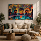 Colorful painting of a Persian mosque courtyard featuring ornate Safavid style arches decorated with intricate geometric tile patterns and arabesque motifs, with a reflective pool in the foreground and warm light glowing through the central archway highlighting the vibrant Islamic architectural details.