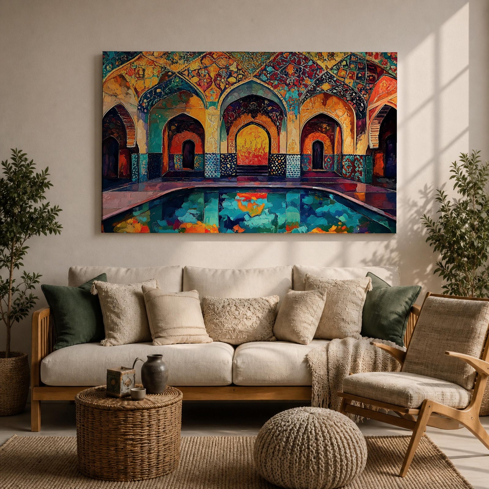 Colorful painting of a Persian mosque courtyard featuring ornate Safavid style arches decorated with intricate geometric tile patterns and arabesque motifs, with a reflective pool in the foreground and warm light glowing through the central archway highlighting the vibrant Islamic architectural details.