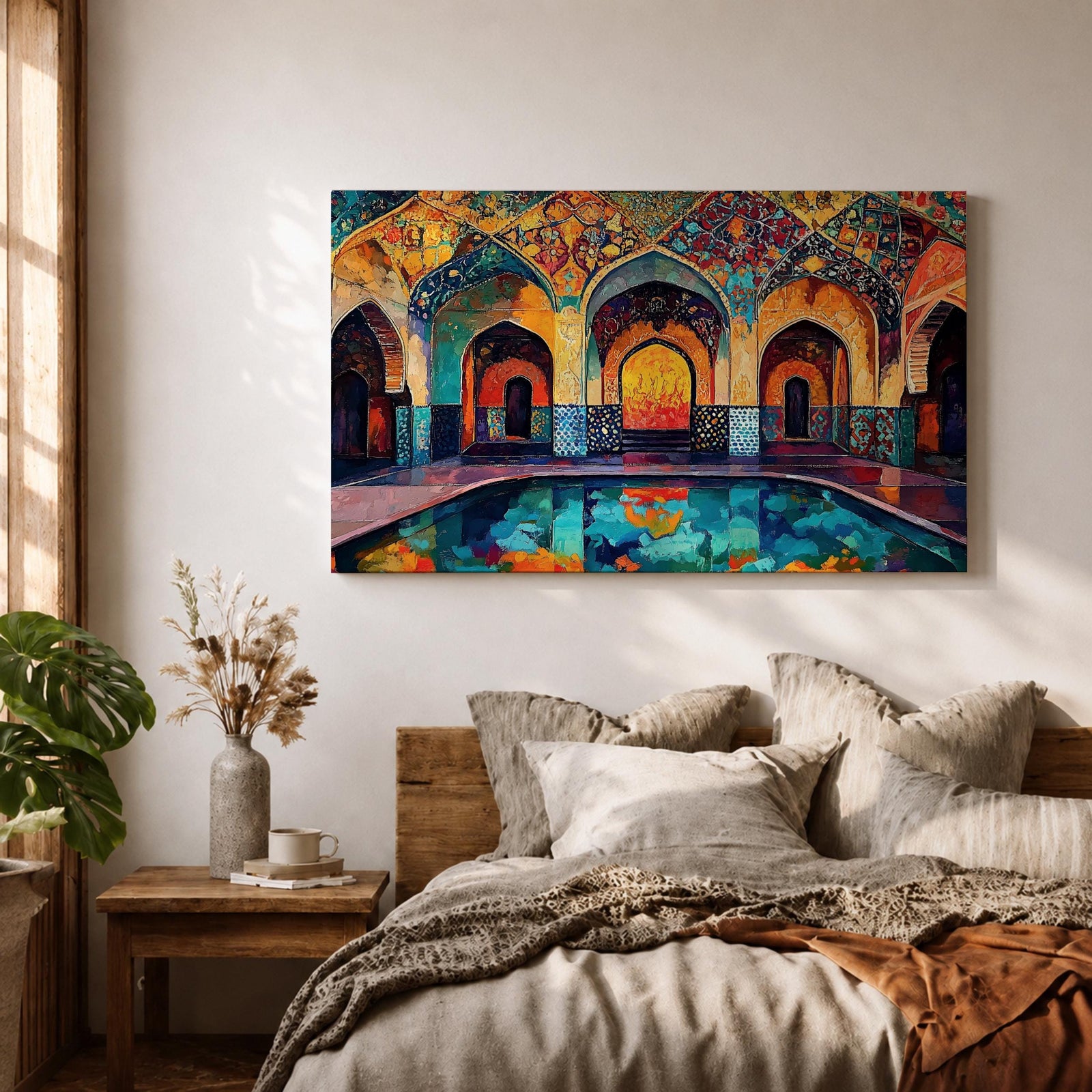 Colorful painting of a Persian mosque courtyard featuring ornate Safavid style arches decorated with intricate geometric tile patterns and arabesque motifs, with a reflective pool in the foreground and warm light glowing through the central archway highlighting the vibrant Islamic architectural details.