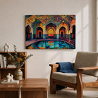 Colorful painting of a Persian mosque courtyard featuring ornate Safavid style arches decorated with intricate geometric tile patterns and arabesque motifs, with a reflective pool in the foreground and warm light glowing through the central archway highlighting the vibrant Islamic architectural details.