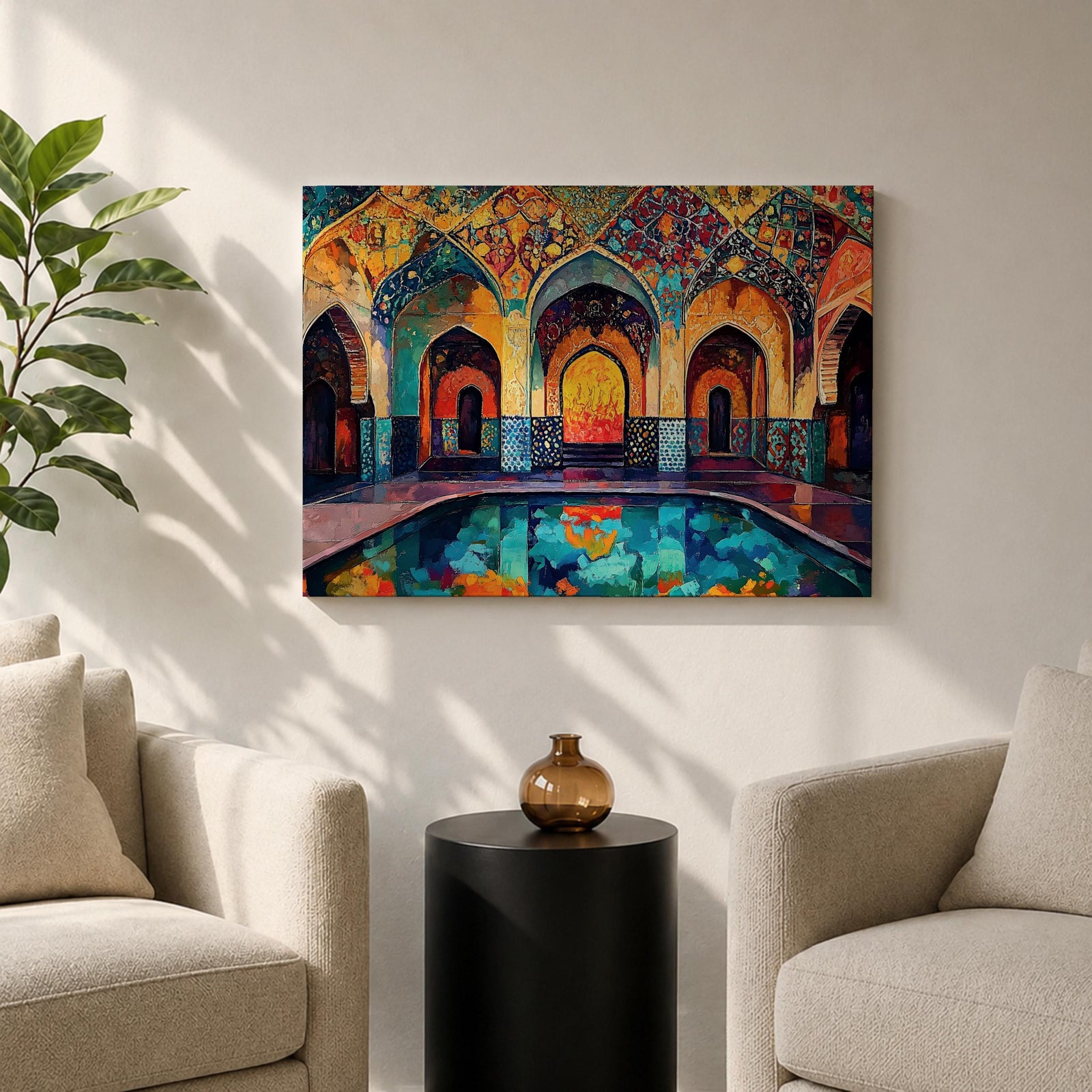 Colorful painting of a Persian mosque courtyard featuring ornate Safavid style arches decorated with intricate geometric tile patterns and arabesque motifs, with a reflective pool in the foreground and warm light glowing through the central archway highlighting the vibrant Islamic architectural details.