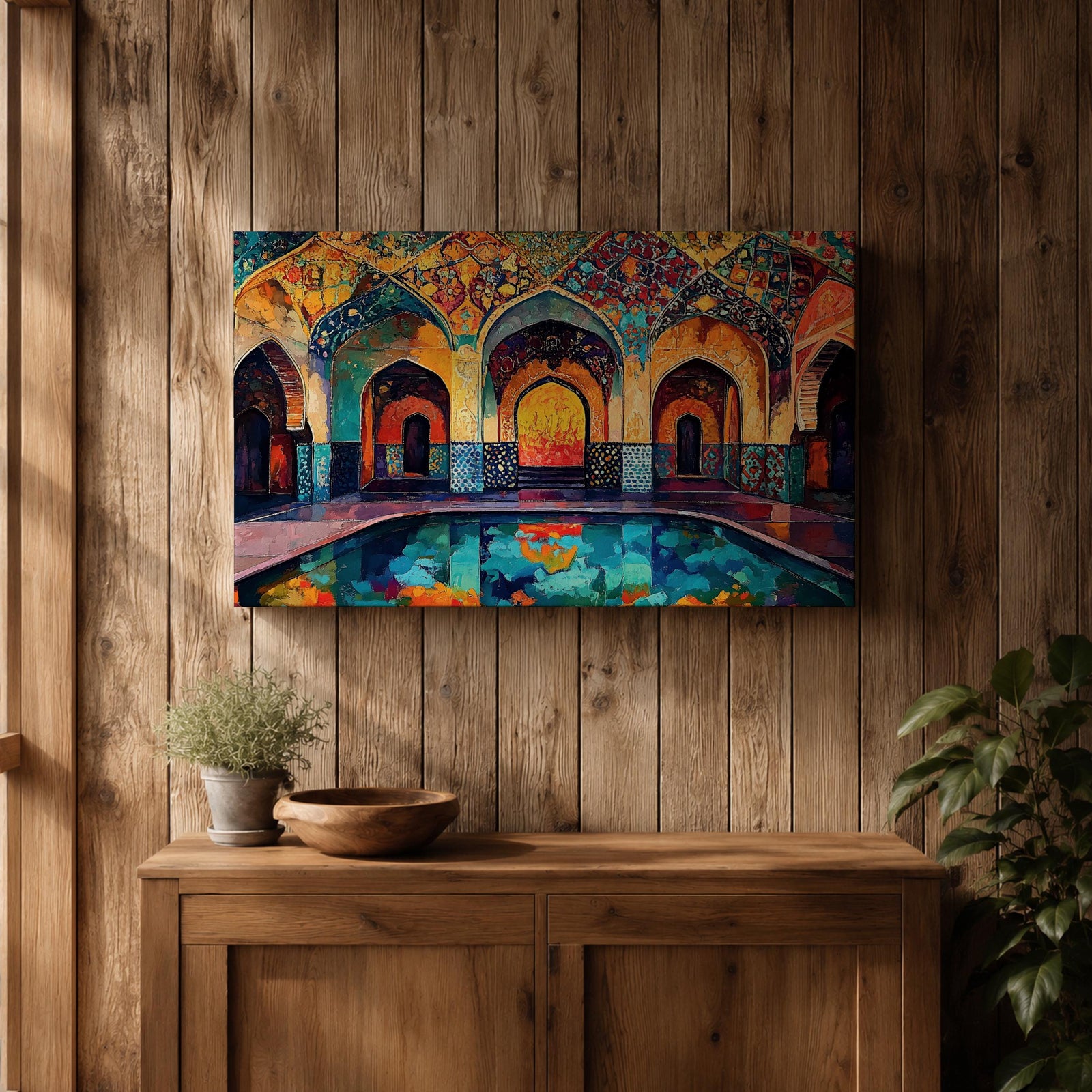 Colorful painting of a Persian mosque courtyard featuring ornate Safavid style arches decorated with intricate geometric tile patterns and arabesque motifs, with a reflective pool in the foreground and warm light glowing through the central archway highlighting the vibrant Islamic architectural details.