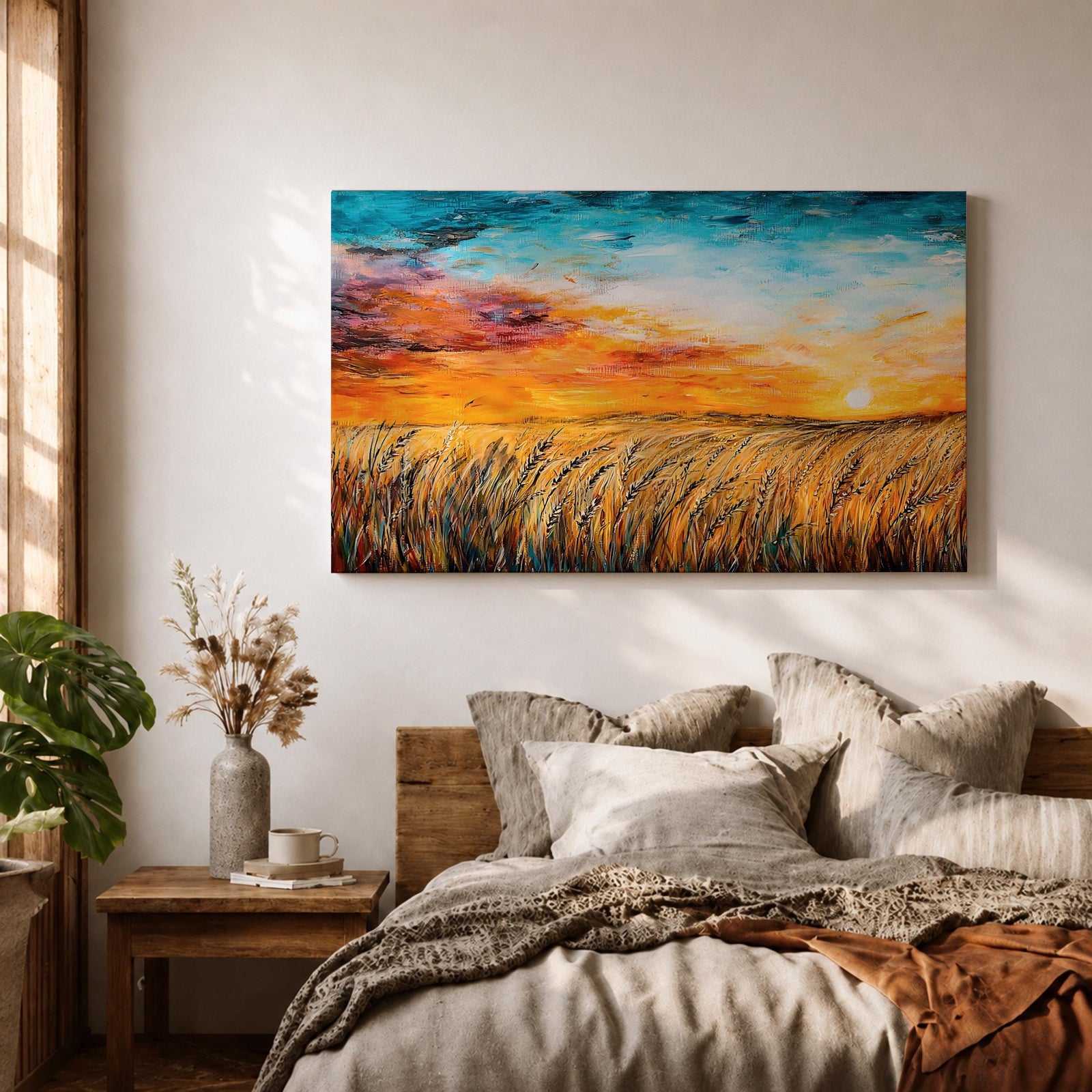 A framed canvas painting depicting a wheat field at sunset with golden stalks swaying under a vibrant sky blending orange, yellow, and blue hues. The artwork captures a rustic farmhouse landscape scene with textured brushstrokes emphasizing natural elements and an expansive horizon.