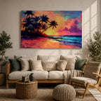 A vibrant tropical sunset painting featuring silhouetted palm trees along a sandy beach with colorful clouds and a glowing sun setting over the ocean horizon in a vivid, painterly style capturing the warmth and tranquility of a beach seascape.