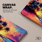 A vibrant tropical sunset painting featuring silhouetted palm trees along a sandy beach with colorful clouds and a glowing sun setting over the ocean horizon in a vivid, painterly style capturing the warmth and tranquility of a beach seascape.