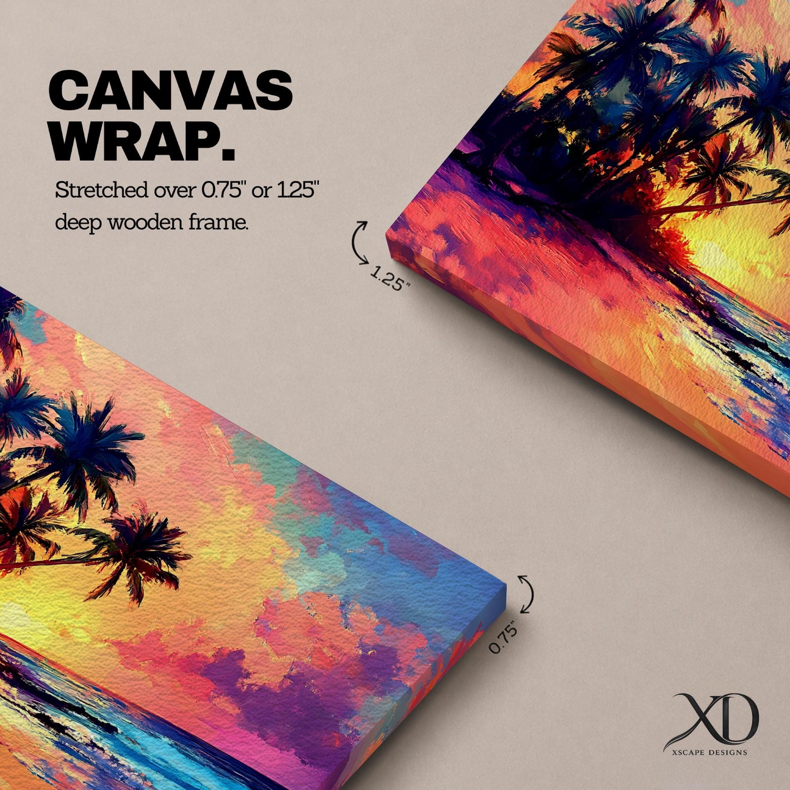 A vibrant tropical sunset painting featuring silhouetted palm trees along a sandy beach with colorful clouds and a glowing sun setting over the ocean horizon in a vivid, painterly style capturing the warmth and tranquility of a beach seascape.