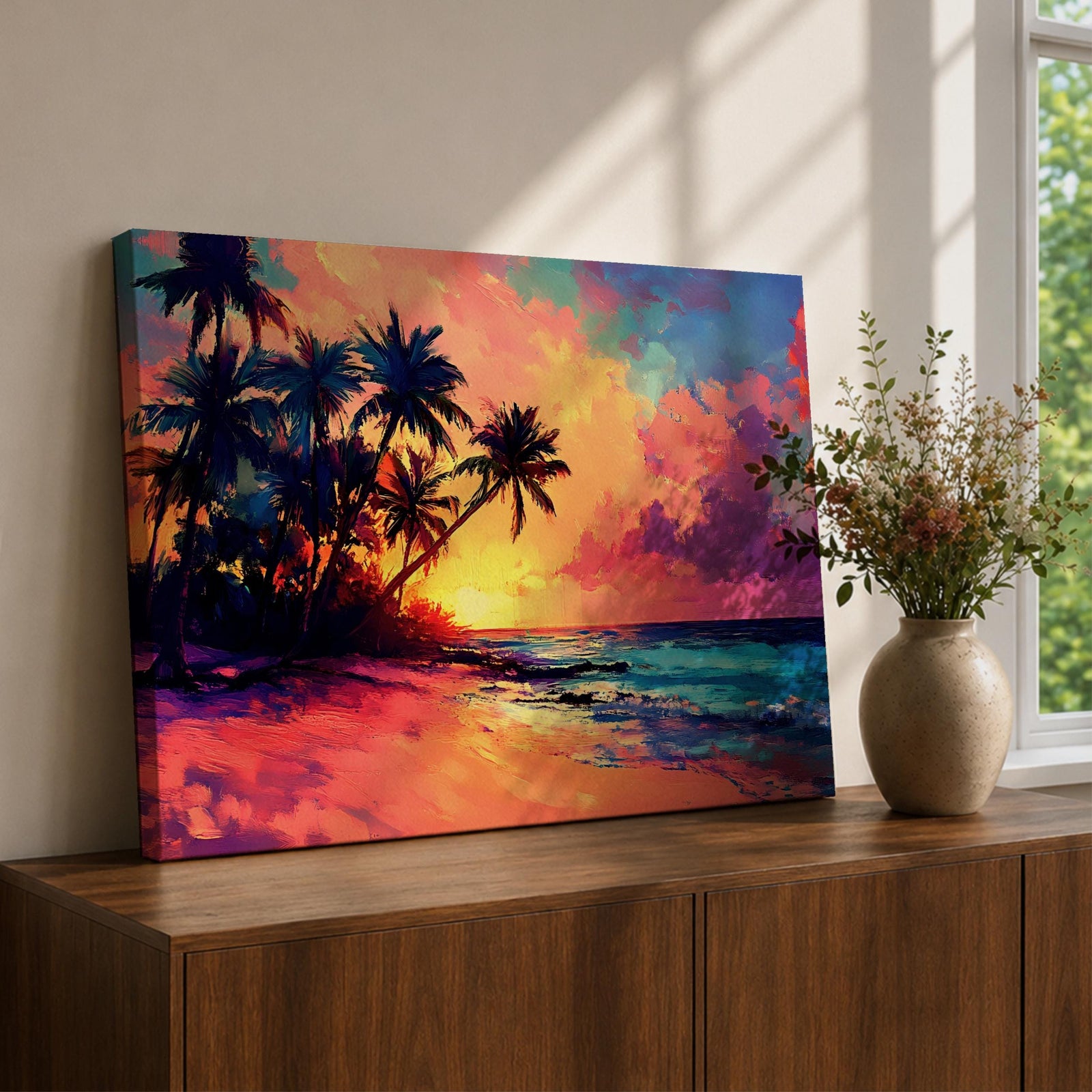 A vibrant tropical sunset painting featuring silhouetted palm trees along a sandy beach with colorful clouds and a glowing sun setting over the ocean horizon in a vivid, painterly style capturing the warmth and tranquility of a beach seascape.