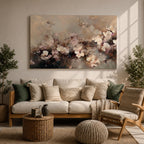 An abstract framed canvas artwork depicting cherry blossom flowers in soft, blurred tones with textured brush strokes creating a delicate floral composition that evokes the beauty of spring blooms in a modern artistic style.