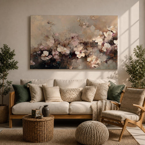 An abstract framed canvas artwork depicting cherry blossom flowers in soft, blurred tones with textured brush strokes creating a delicate floral composition that evokes the beauty of spring blooms in a modern artistic style.