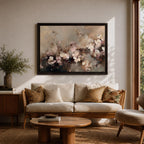 An abstract framed canvas artwork depicting cherry blossom flowers in soft, blurred tones with textured brush strokes creating a delicate floral composition that evokes the beauty of spring blooms in a modern artistic style.