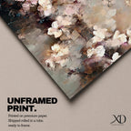 An abstract framed canvas artwork depicting cherry blossom flowers in soft, blurred tones with textured brush strokes creating a delicate floral composition that evokes the beauty of spring blooms in a modern artistic style.