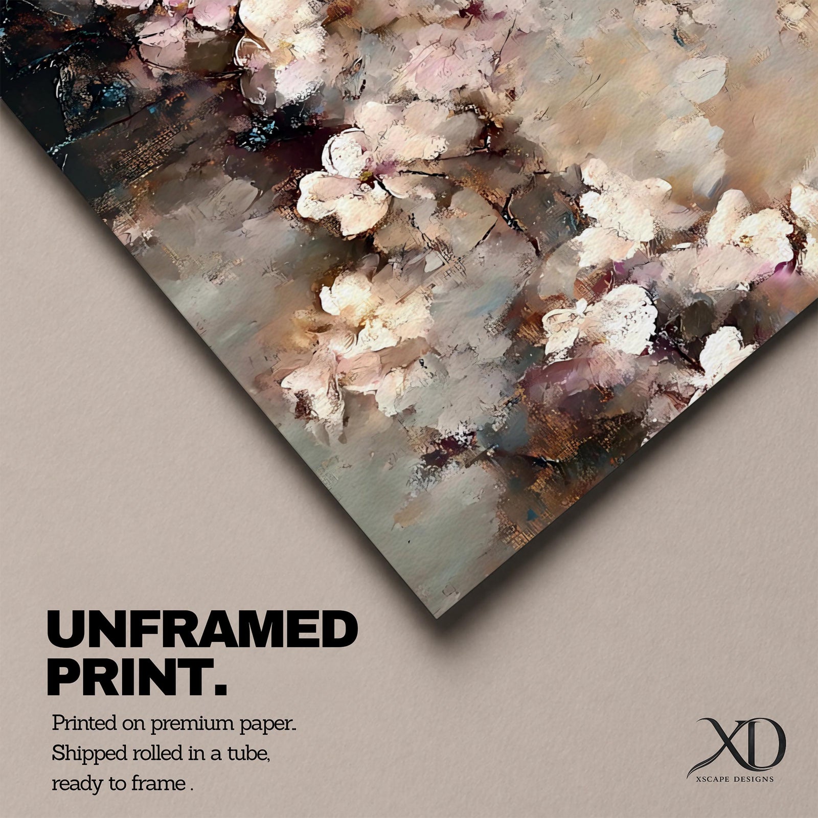 An abstract framed canvas artwork depicting cherry blossom flowers in soft, blurred tones with textured brush strokes creating a delicate floral composition that evokes the beauty of spring blooms in a modern artistic style.