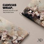 An abstract framed canvas artwork depicting cherry blossom flowers in soft, blurred tones with textured brush strokes creating a delicate floral composition that evokes the beauty of spring blooms in a modern artistic style.