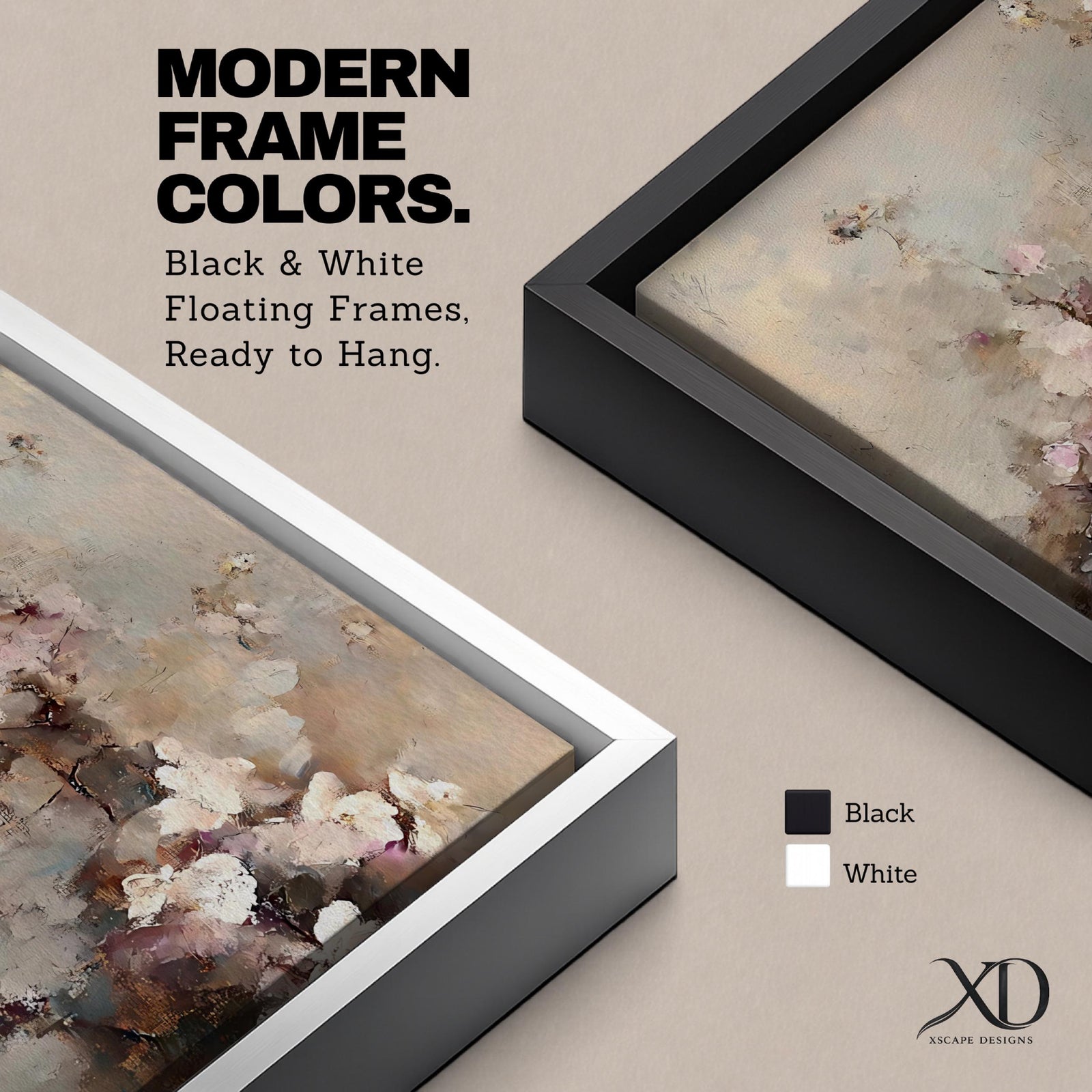 An abstract framed canvas artwork depicting cherry blossom flowers in soft, blurred tones with textured brush strokes creating a delicate floral composition that evokes the beauty of spring blooms in a modern artistic style.