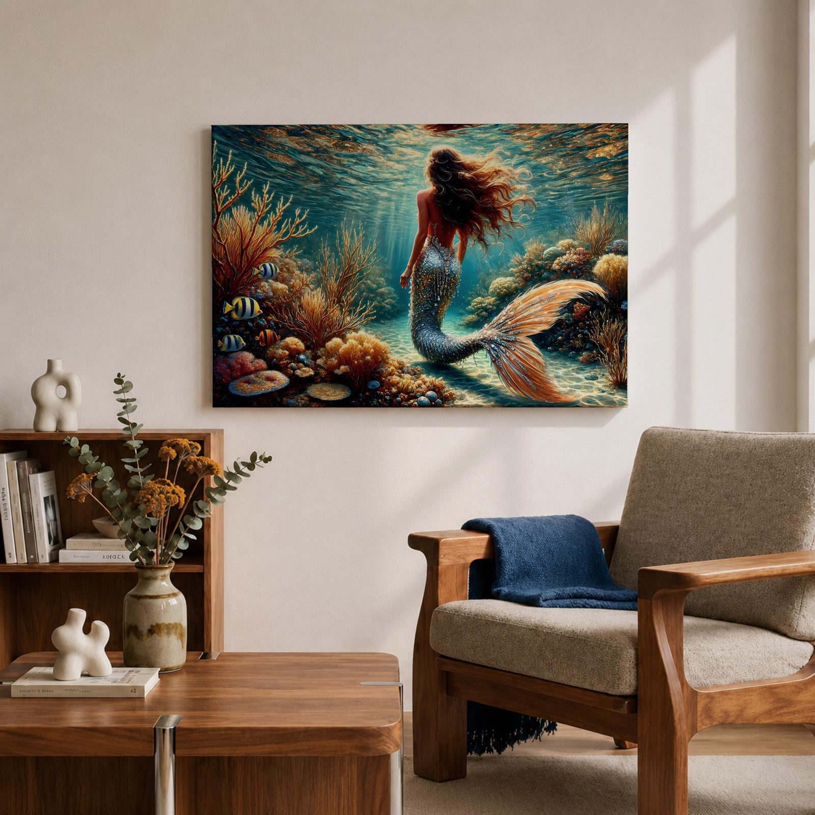 A detailed underwater scene featuring a mermaid with flowing hair and a shimmering tail surrounded by coral reefs and tropical fish, rendered in a realistic style that captures the fantasy and mythological essence of the sea maiden in a vibrant ocean environment.
