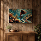 A detailed underwater scene featuring a mermaid with flowing hair and a shimmering tail surrounded by coral reefs and tropical fish, rendered in a realistic style that captures the fantasy and mythological essence of the sea maiden in a vibrant ocean environment.
