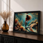 A detailed underwater scene featuring a mermaid with flowing hair and a shimmering tail surrounded by coral reefs and tropical fish, rendered in a realistic style that captures the fantasy and mythological essence of the sea maiden in a vibrant ocean environment.