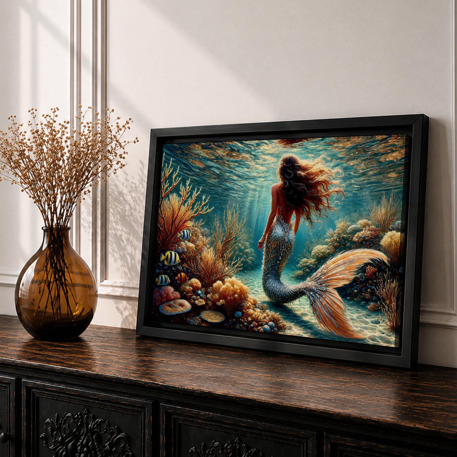 A detailed underwater scene featuring a mermaid with flowing hair and a shimmering tail surrounded by coral reefs and tropical fish, rendered in a realistic style that captures the fantasy and mythological essence of the sea maiden in a vibrant ocean environment.