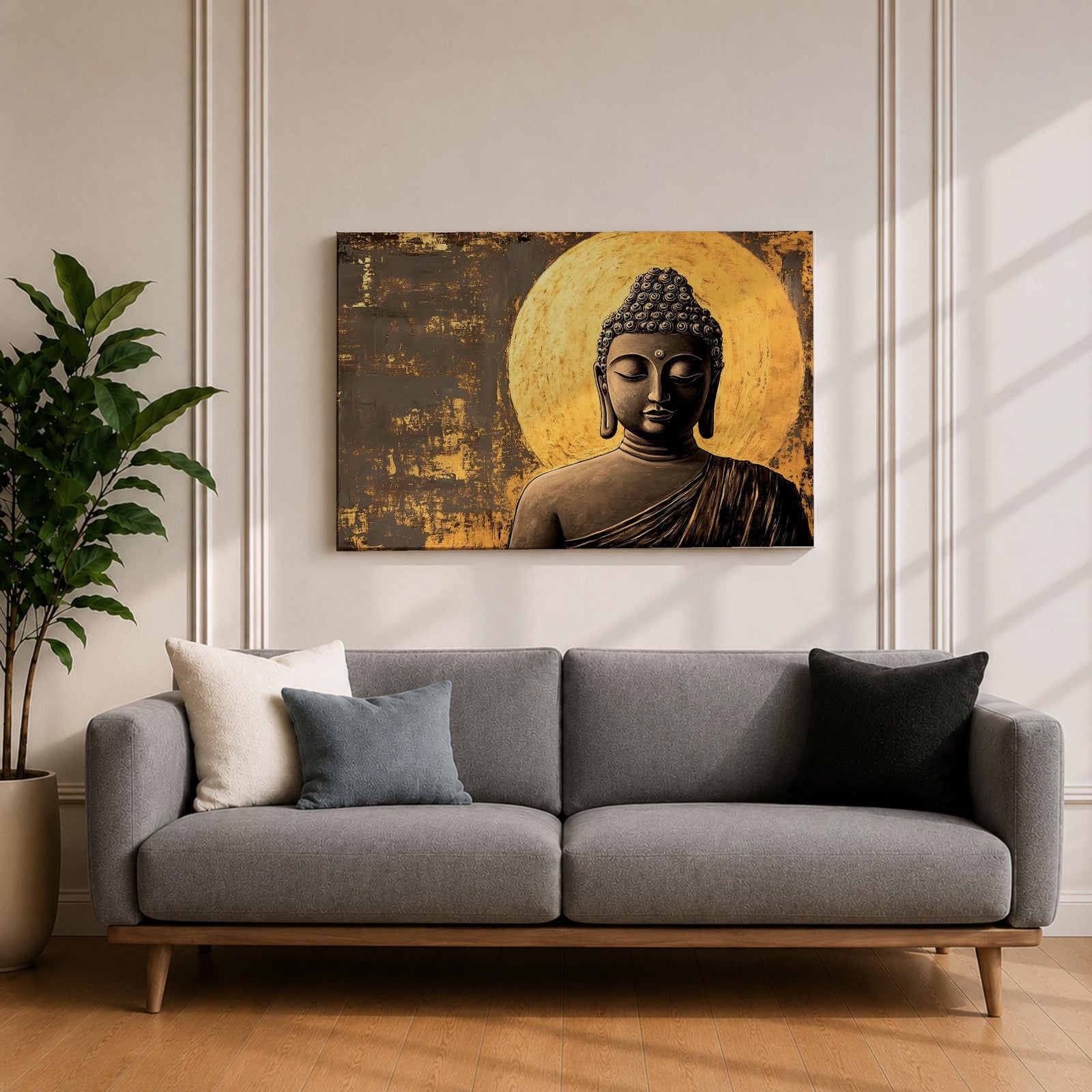 A framed canvas wall art depicting a serene Buddha figure in meditation with closed eyes, featuring a textured golden halo background and detailed curls on the head, rendered in a realistic style emphasizing calm and peaceful expression.