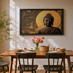 A framed canvas wall art depicting a serene Buddha figure in meditation with closed eyes, featuring a textured golden halo background and detailed curls on the head, rendered in a realistic style emphasizing calm and peaceful expression.