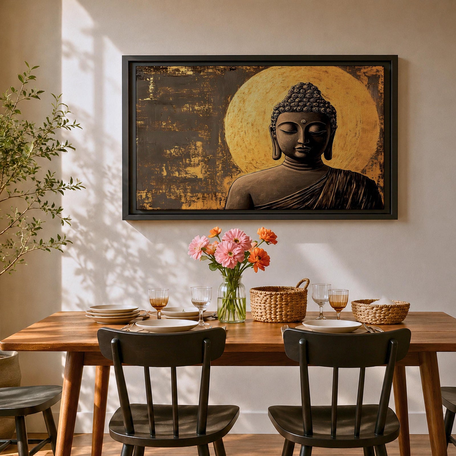 A framed canvas wall art depicting a serene Buddha figure in meditation with closed eyes, featuring a textured golden halo background and detailed curls on the head, rendered in a realistic style emphasizing calm and peaceful expression.