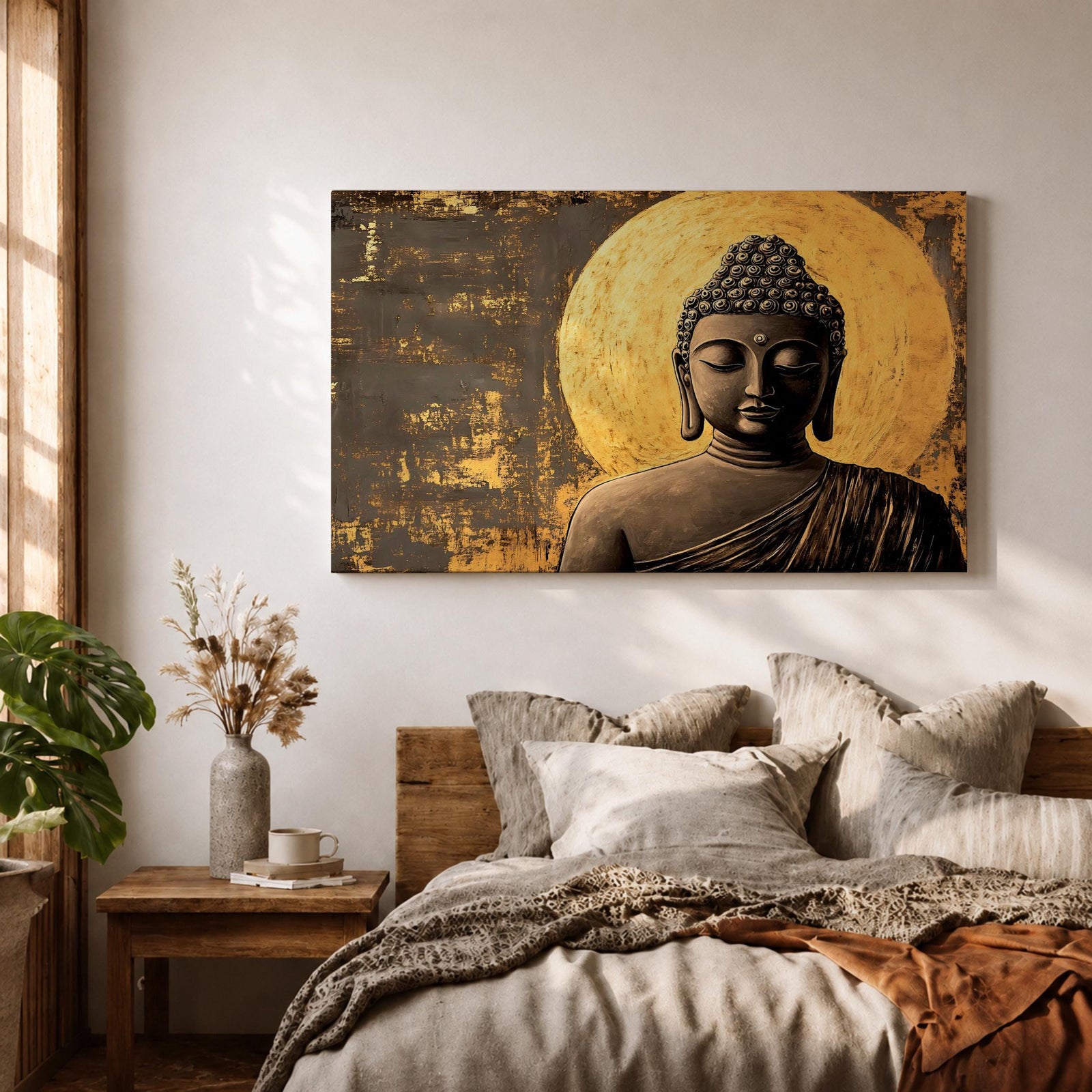 A framed canvas wall art depicting a serene Buddha figure in meditation with closed eyes, featuring a textured golden halo background and detailed curls on the head, rendered in a realistic style emphasizing calm and peaceful expression.