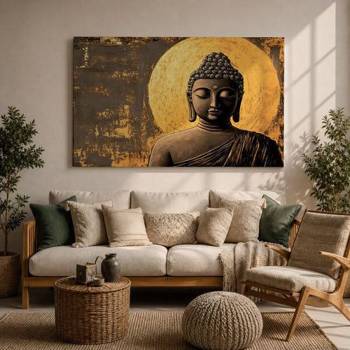A framed canvas wall art depicting a serene Buddha figure in meditation with closed eyes, featuring a textured golden halo background and detailed curls on the head, rendered in a realistic style emphasizing calm and peaceful expression.