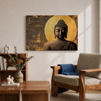 A framed canvas wall art depicting a serene Buddha figure in meditation with closed eyes, featuring a textured golden halo background and detailed curls on the head, rendered in a realistic style emphasizing calm and peaceful expression.