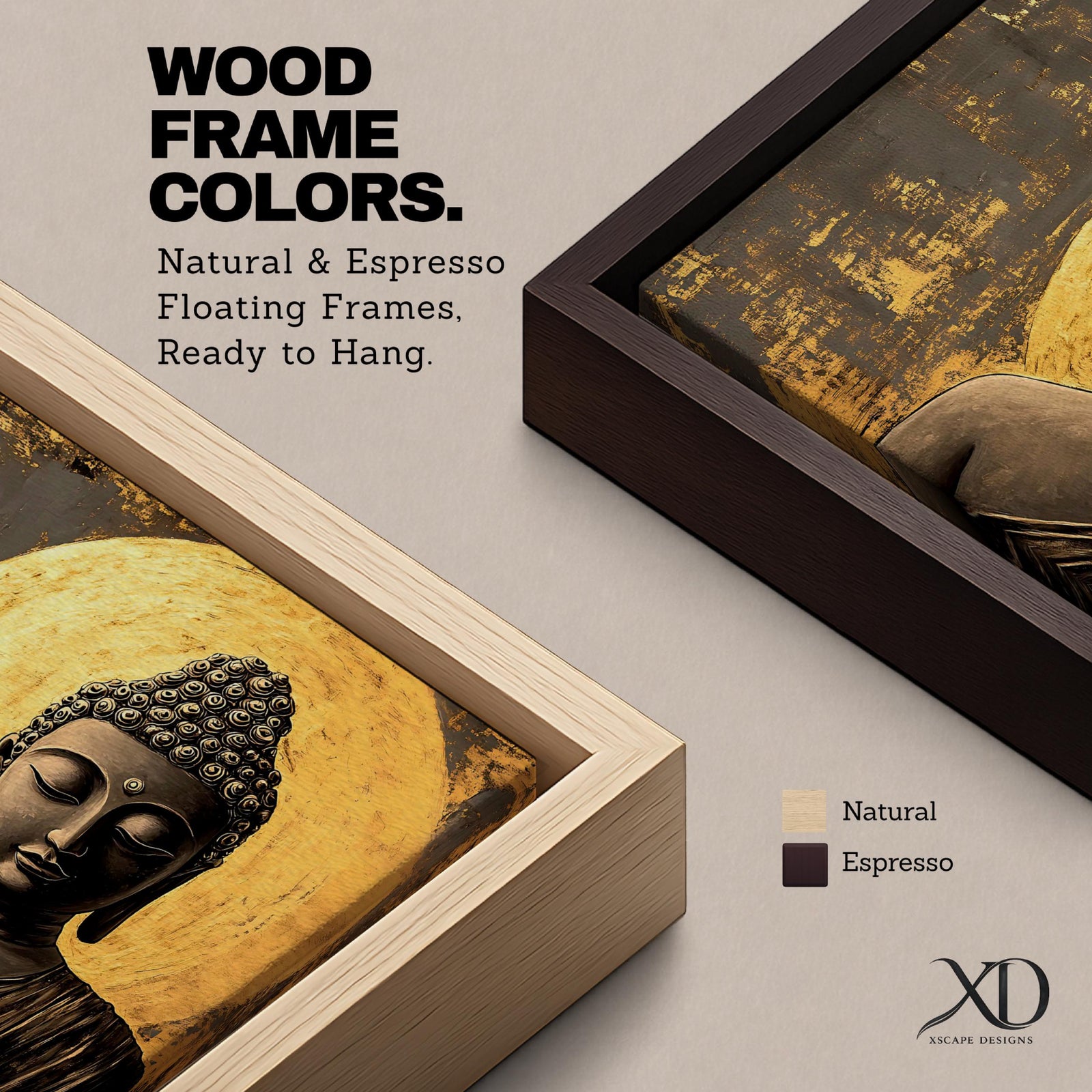 A framed canvas wall art depicting a serene Buddha figure in meditation with closed eyes, featuring a textured golden halo background and detailed curls on the head, rendered in a realistic style emphasizing calm and peaceful expression.
