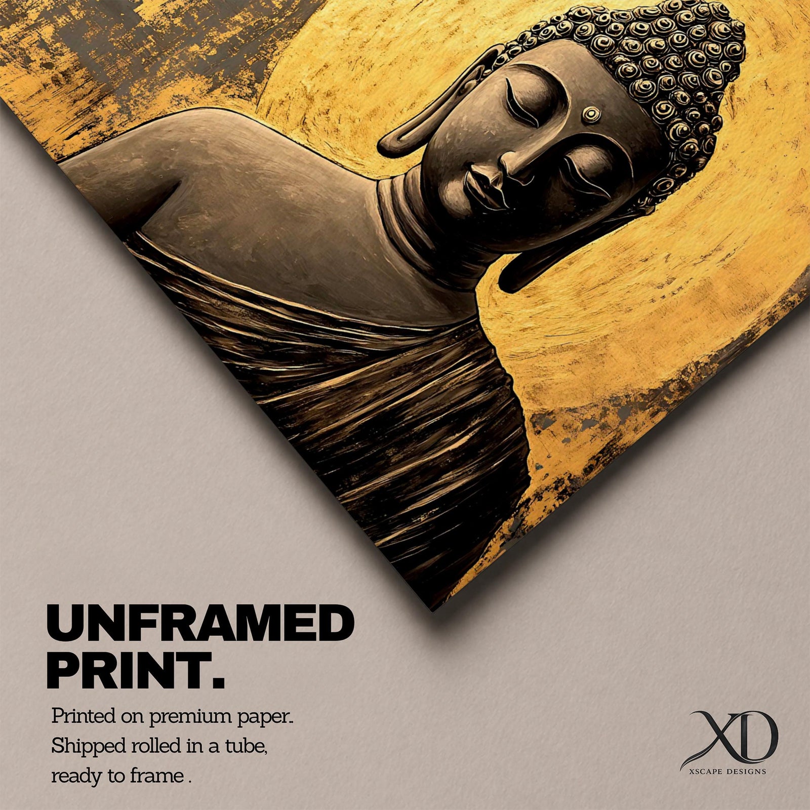 A framed canvas wall art depicting a serene Buddha figure in meditation with closed eyes, featuring a textured golden halo background and detailed curls on the head, rendered in a realistic style emphasizing calm and peaceful expression.
