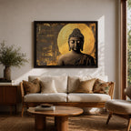 A framed canvas wall art depicting a serene Buddha figure in meditation with closed eyes, featuring a textured golden halo background and detailed curls on the head, rendered in a realistic style emphasizing calm and peaceful expression.
