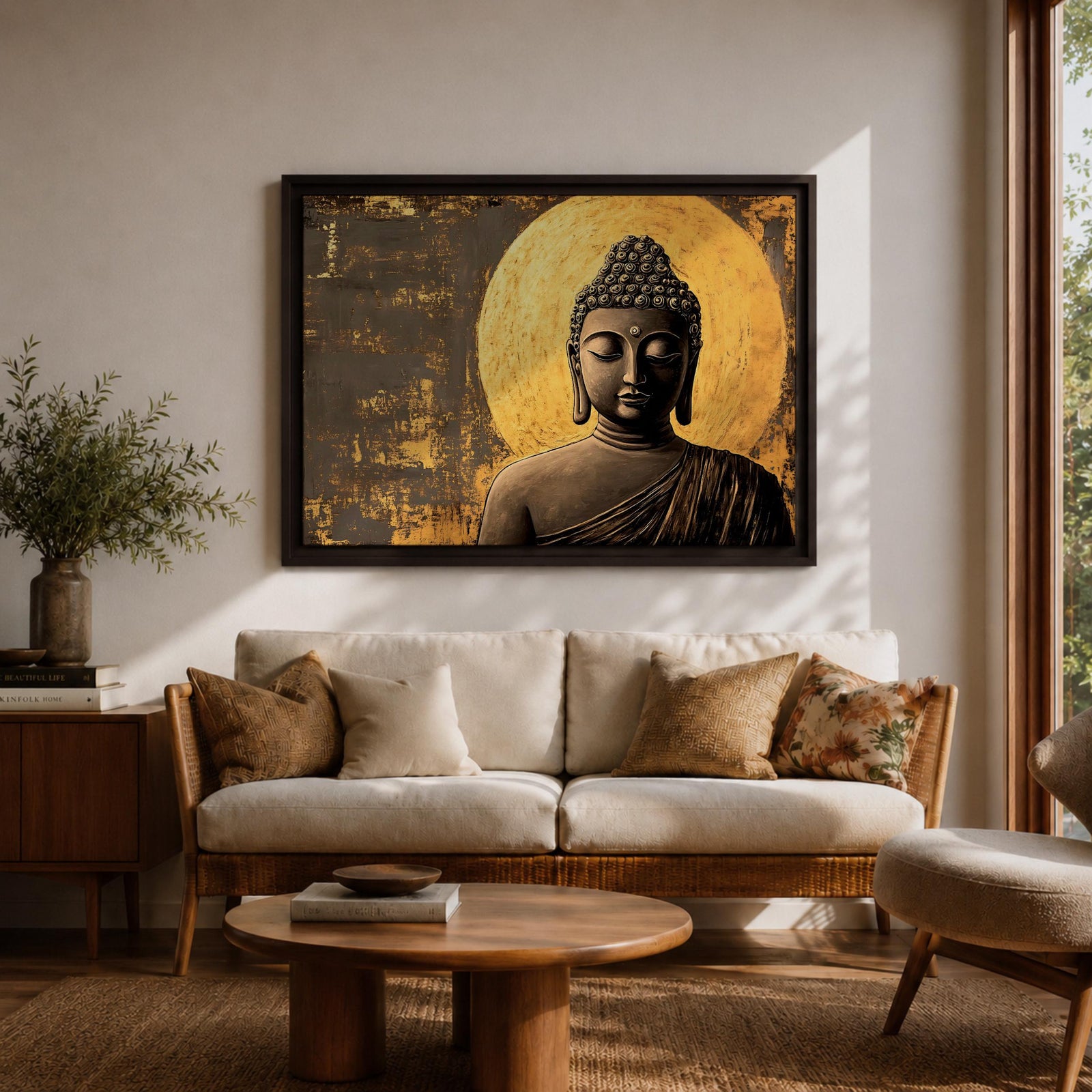 A framed canvas wall art depicting a serene Buddha figure in meditation with closed eyes, featuring a textured golden halo background and detailed curls on the head, rendered in a realistic style emphasizing calm and peaceful expression.
