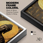 A framed canvas wall art depicting a serene Buddha figure in meditation with closed eyes, featuring a textured golden halo background and detailed curls on the head, rendered in a realistic style emphasizing calm and peaceful expression.