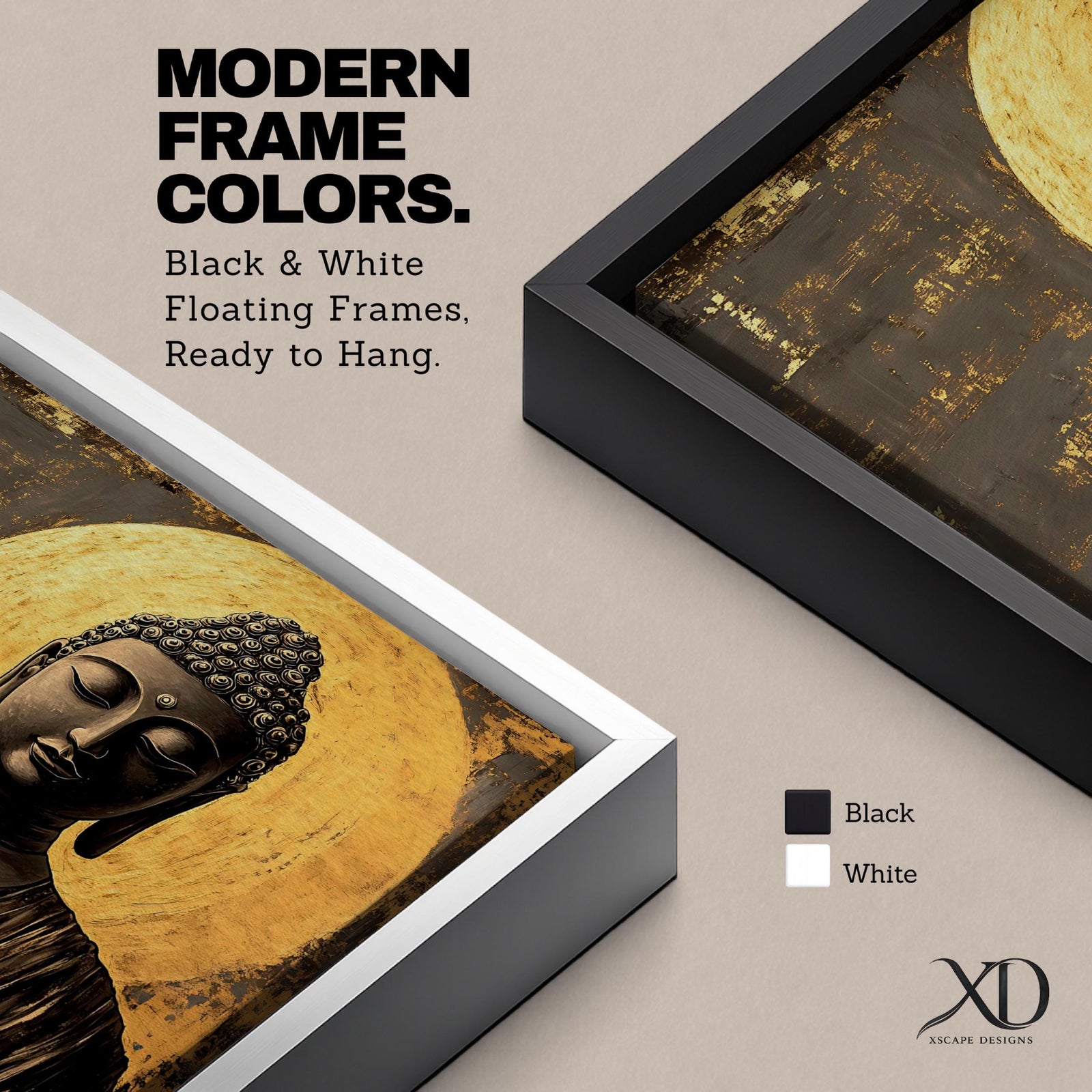 A framed canvas wall art depicting a serene Buddha figure in meditation with closed eyes, featuring a textured golden halo background and detailed curls on the head, rendered in a realistic style emphasizing calm and peaceful expression.