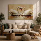 A textured impasto painting depicts two swans facing each other with necks curved to form a heart shape. The swans float on reflective water with visible brushstrokes creating a rich, layered surface. The composition emphasizes the intimate connection between the birds in a naturalistic animal art style.