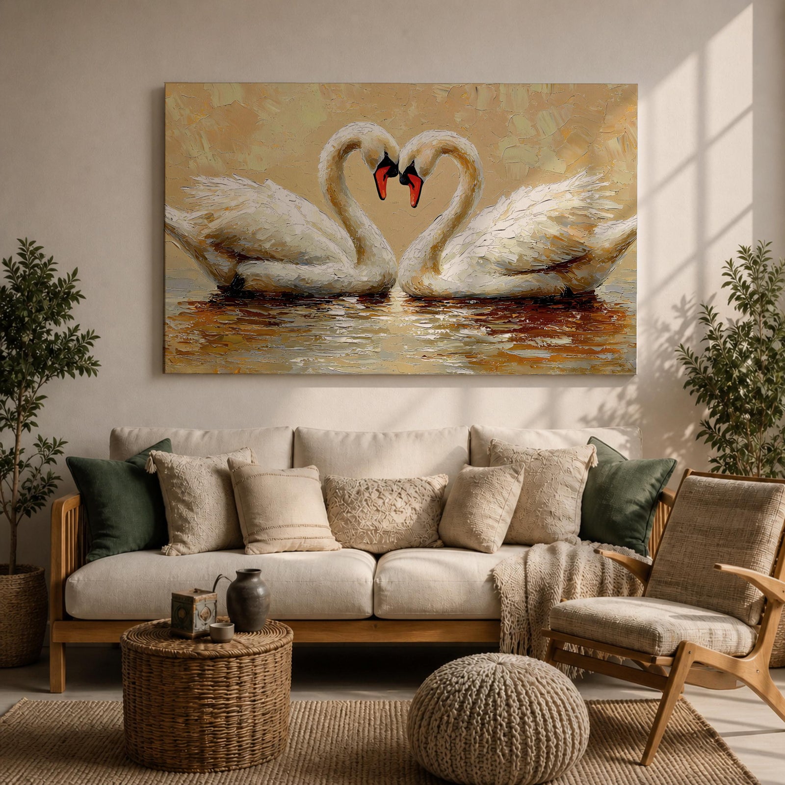 A textured impasto painting depicts two swans facing each other with necks curved to form a heart shape. The swans float on reflective water with visible brushstrokes creating a rich, layered surface. The composition emphasizes the intimate connection between the birds in a naturalistic animal art style.