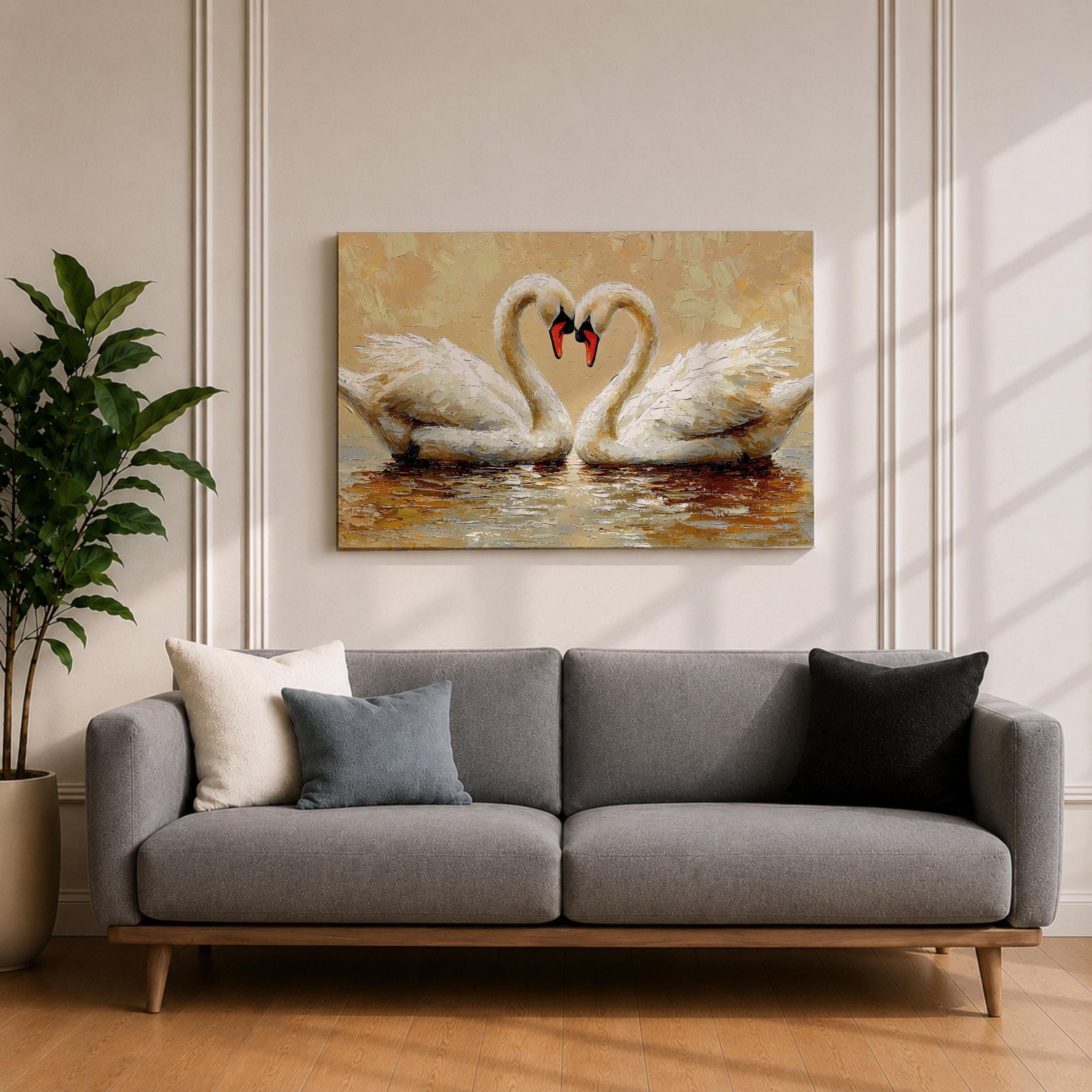 A textured impasto painting depicts two swans facing each other with necks curved to form a heart shape. The swans float on reflective water with visible brushstrokes creating a rich, layered surface. The composition emphasizes the intimate connection between the birds in a naturalistic animal art style.