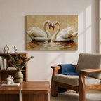 A textured impasto painting depicts two swans facing each other with necks curved to form a heart shape. The swans float on reflective water with visible brushstrokes creating a rich, layered surface. The composition emphasizes the intimate connection between the birds in a naturalistic animal art style.