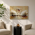 A textured impasto painting depicts two swans facing each other with necks curved to form a heart shape. The swans float on reflective water with visible brushstrokes creating a rich, layered surface. The composition emphasizes the intimate connection between the birds in a naturalistic animal art style.