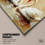 A textured impasto painting depicts two swans facing each other with necks curved to form a heart shape. The swans float on reflective water with visible brushstrokes creating a rich, layered surface. The composition emphasizes the intimate connection between the birds in a naturalistic animal art style.