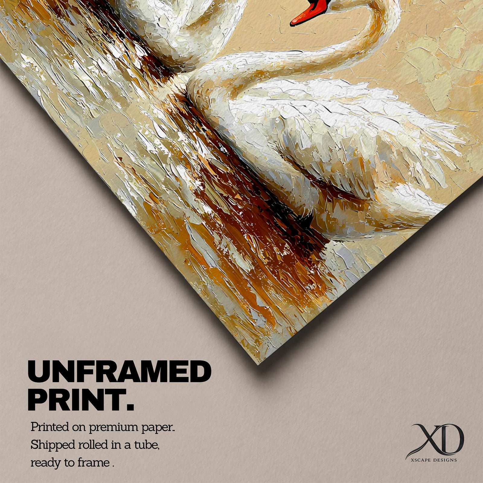 A textured impasto painting depicts two swans facing each other with necks curved to form a heart shape. The swans float on reflective water with visible brushstrokes creating a rich, layered surface. The composition emphasizes the intimate connection between the birds in a naturalistic animal art style.