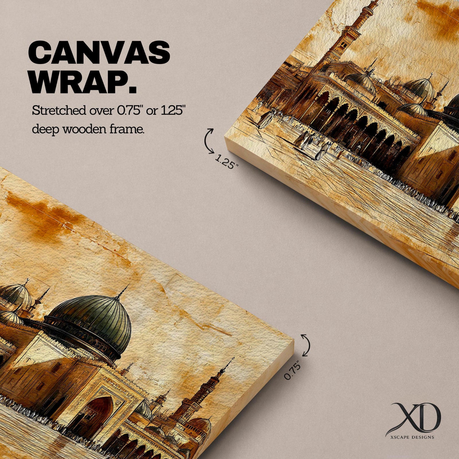 Vintage style illustration of Masjid Al Nabawi in Medina featuring the iconic Green Dome rising above the mosque complex with surrounding domes, tall minarets, and a wide courtyard with people walking across the stone plaza, rendered with sepia toned ink and textured watercolor shading highlighting the architecture of the Prophet’s Mosque.