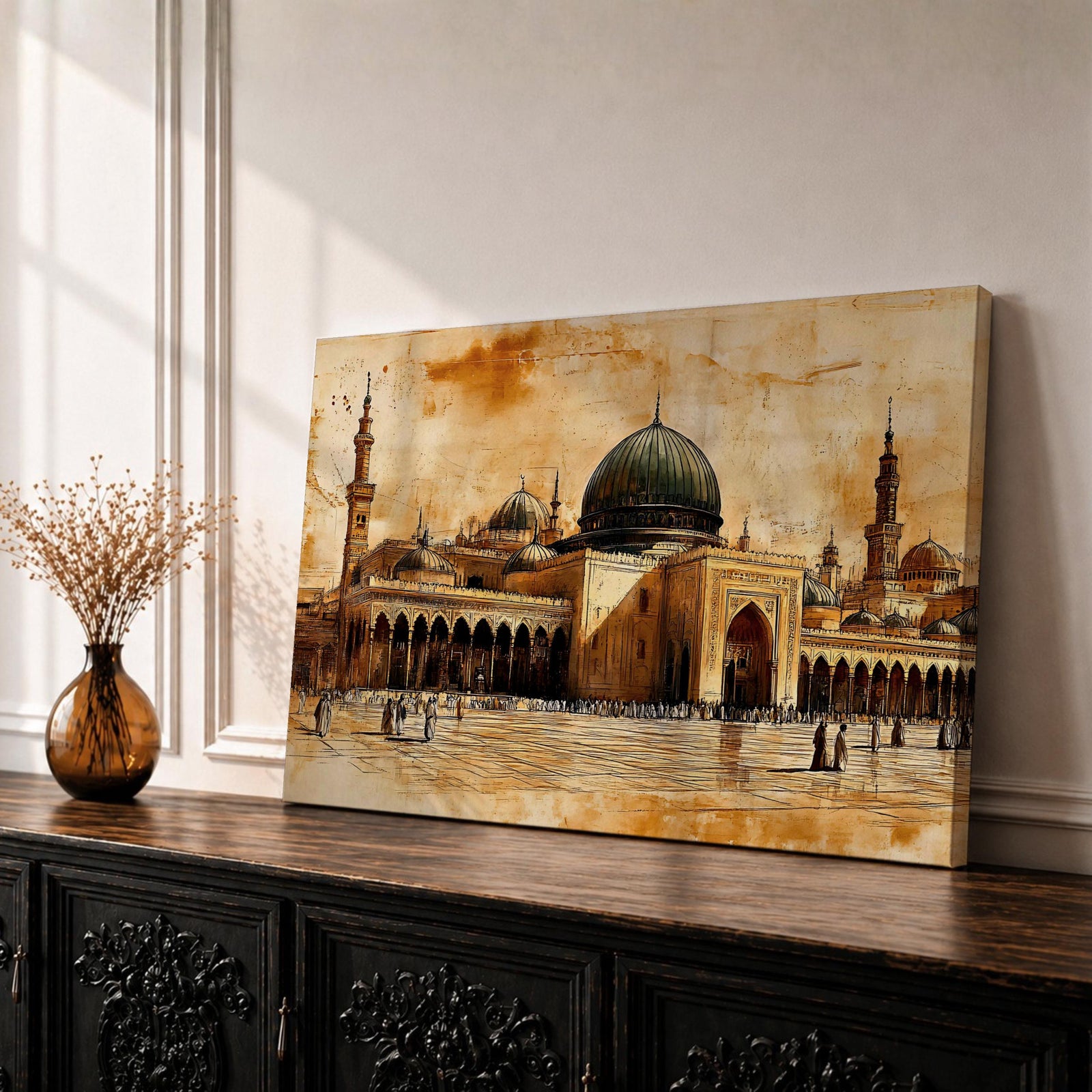 Vintage style illustration of Masjid Al Nabawi in Medina featuring the iconic Green Dome rising above the mosque complex with surrounding domes, tall minarets, and a wide courtyard with people walking across the stone plaza, rendered with sepia toned ink and textured watercolor shading highlighting the architecture of the Prophet’s Mosque.