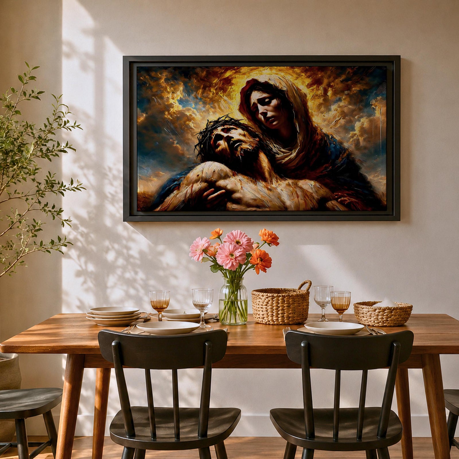 An impasto style oil painting depicting Jesus Mary Pieta, showing Mary holding the lifeless body of Jesus with expressive brushstrokes and textured layers. The composition highlights the sorrowful moment with dramatic lighting and rich colors, emphasizing the emotional depth of the Christian subject.