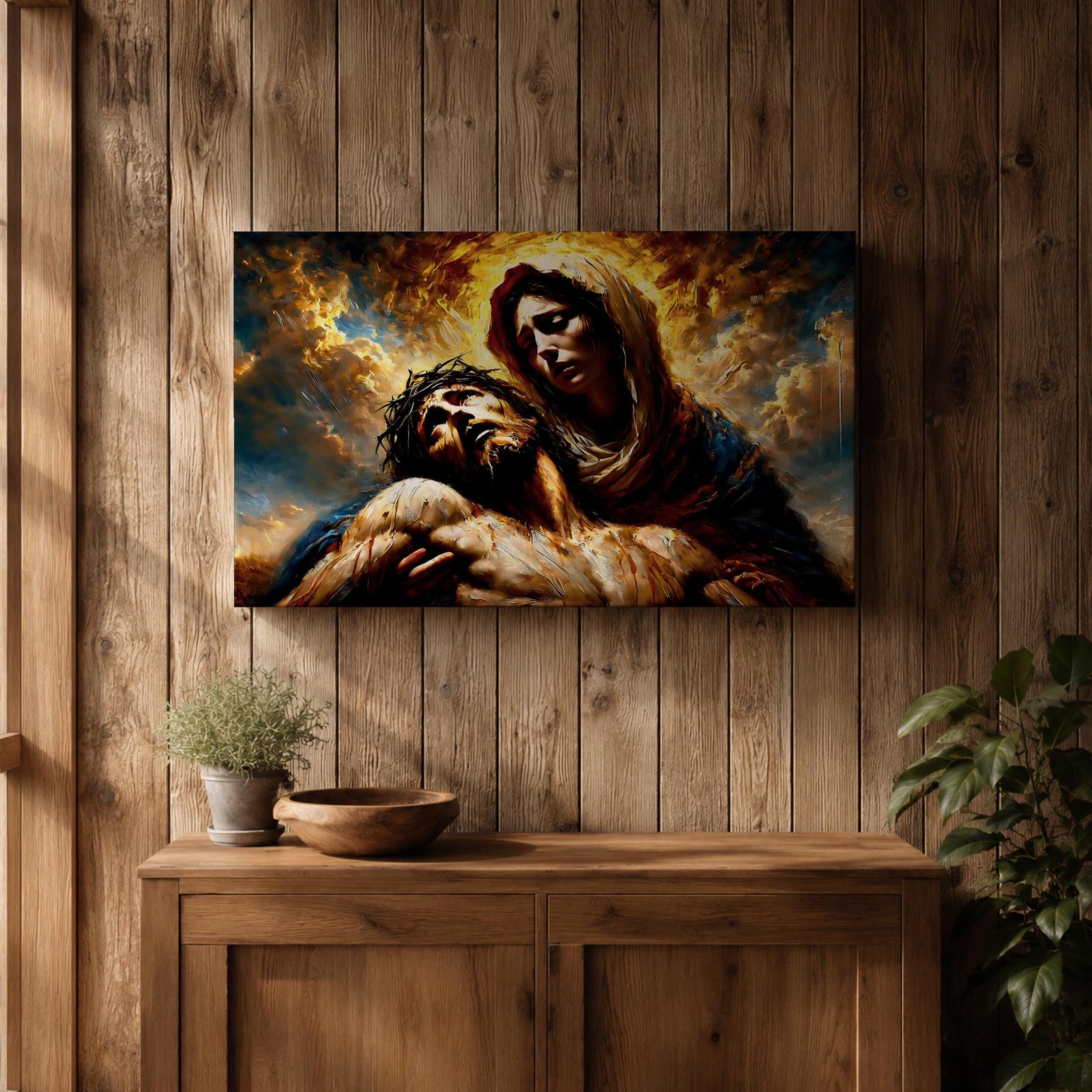 An impasto style oil painting depicting Jesus Mary Pieta, showing Mary holding the lifeless body of Jesus with expressive brushstrokes and textured layers. The composition highlights the sorrowful moment with dramatic lighting and rich colors, emphasizing the emotional depth of the Christian subject.