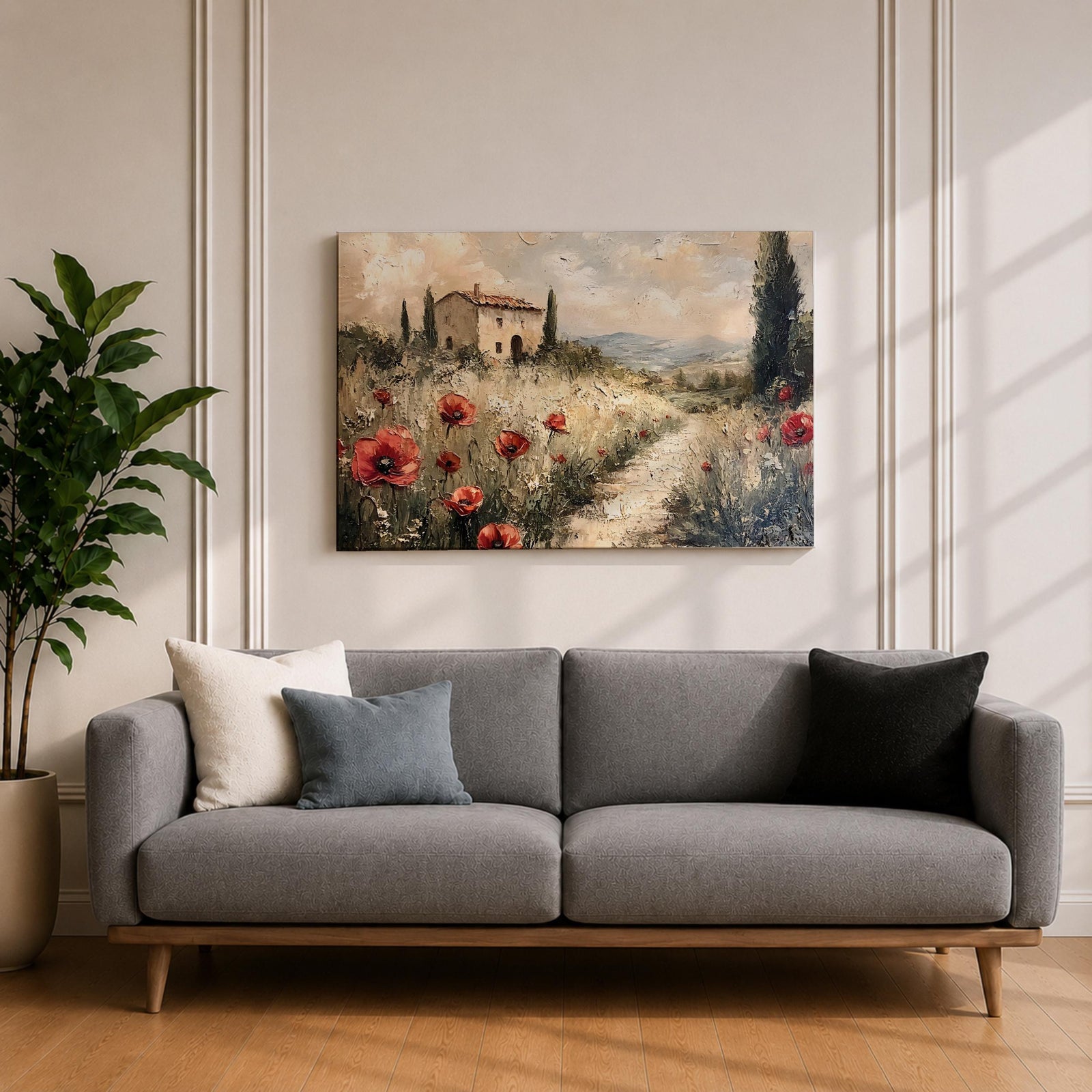 An impasto style painting depicting a rustic Tuscan landscape with a stone farmhouse surrounded by tall cypress trees and red poppies along a winding path leading into distant rolling hills under a cloudy sky.