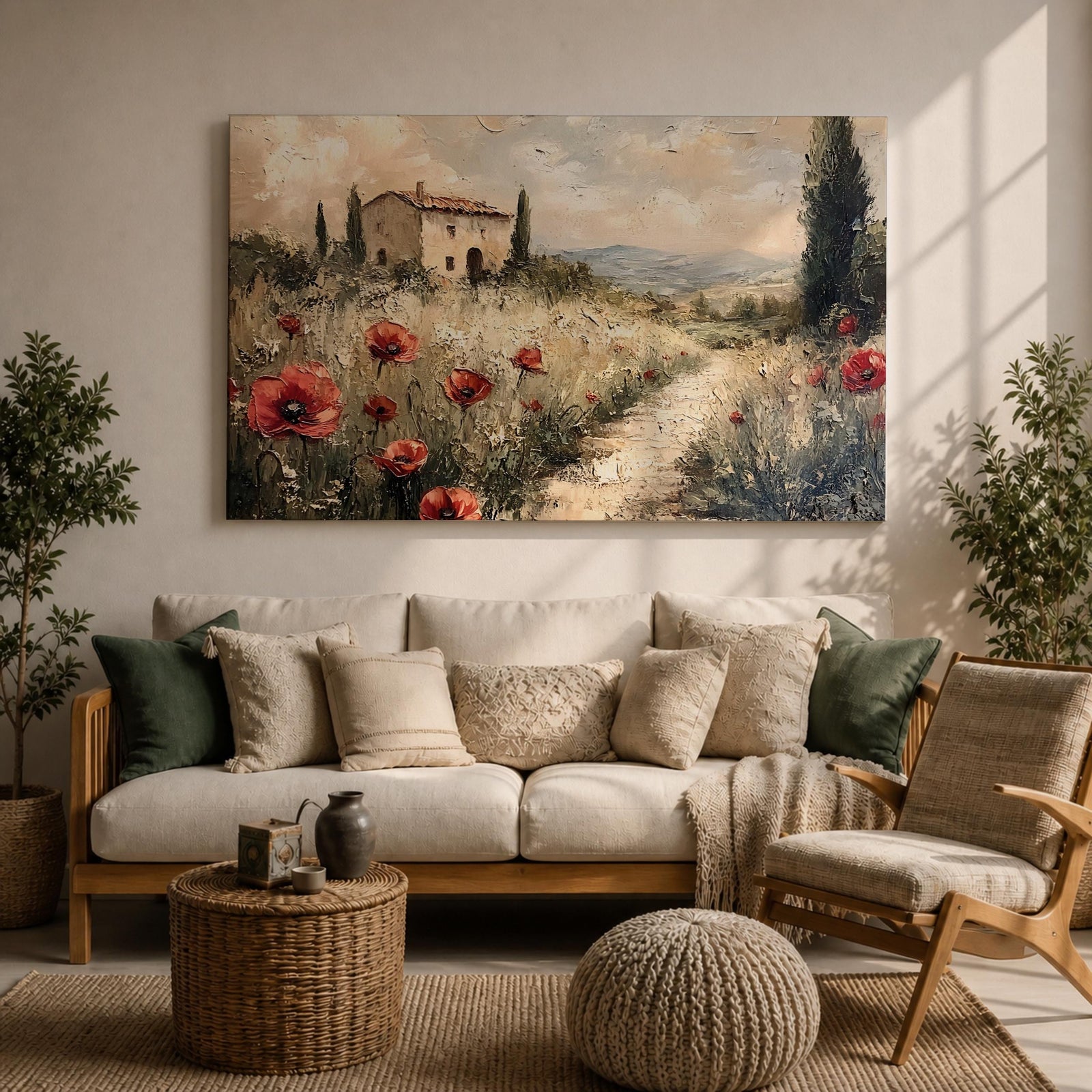 An impasto style painting depicting a rustic Tuscan landscape with a stone farmhouse surrounded by tall cypress trees and red poppies along a winding path leading into distant rolling hills under a cloudy sky.